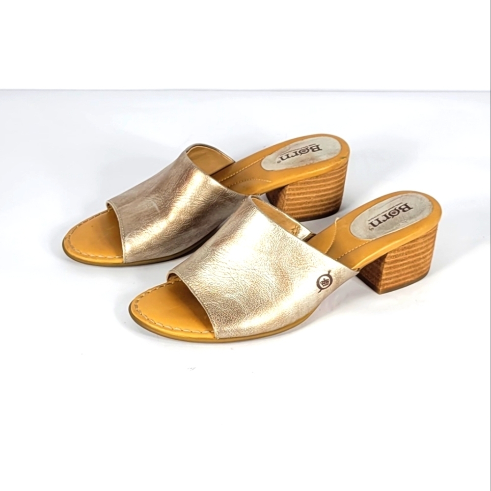 Born Metallic Gold Leather Open-Toe Block Heel Sandals
